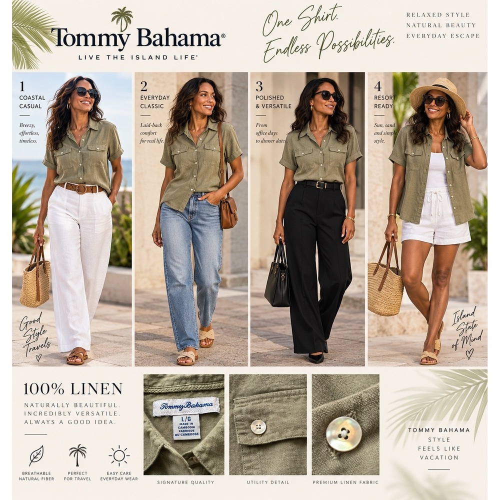 Tommy Bahama Womens Large 100% Linen Olive Safari Button Down Shirt Short Sleeve